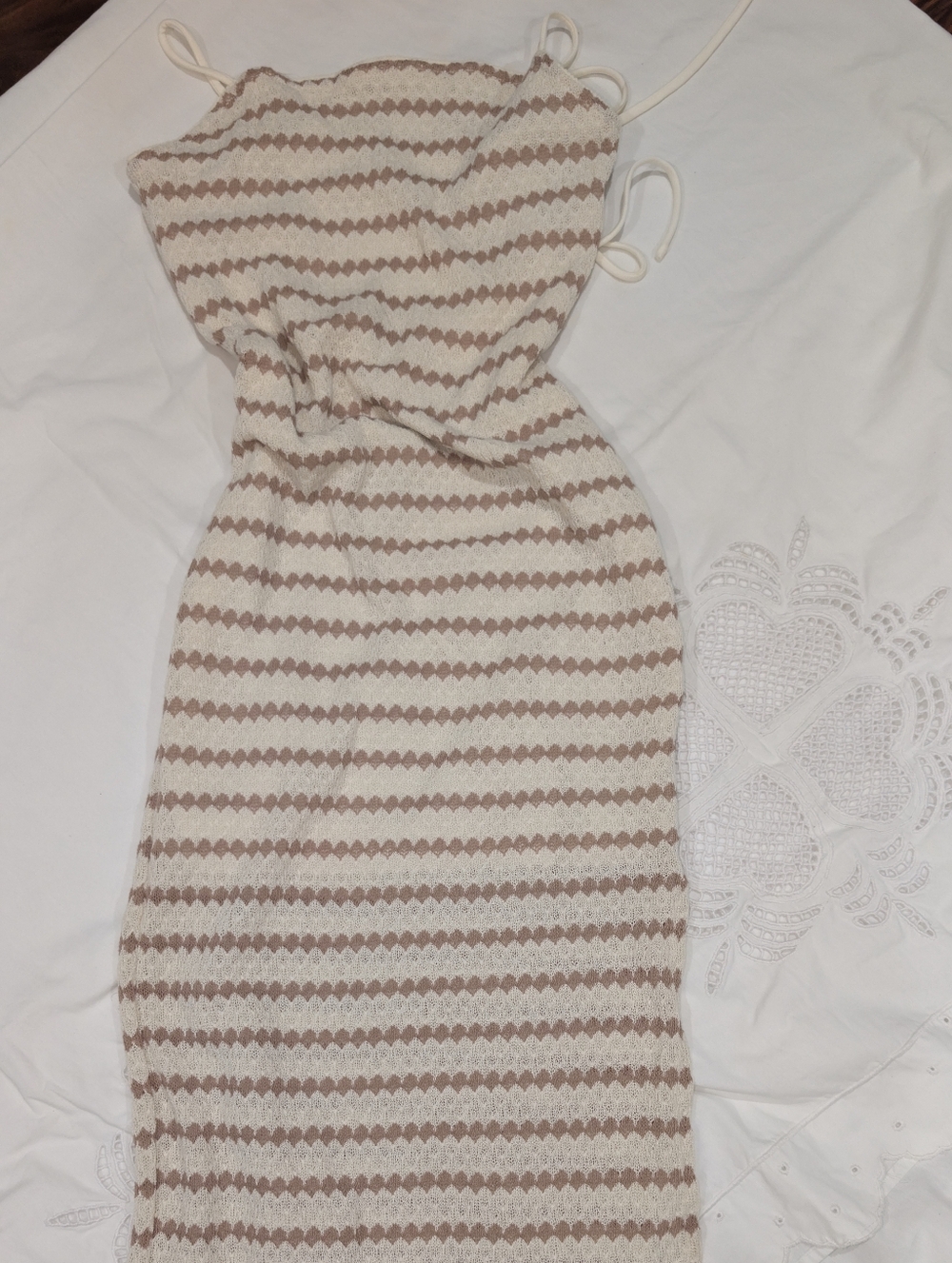 Beach People Cream and Tan Striped Knit Midi Dress